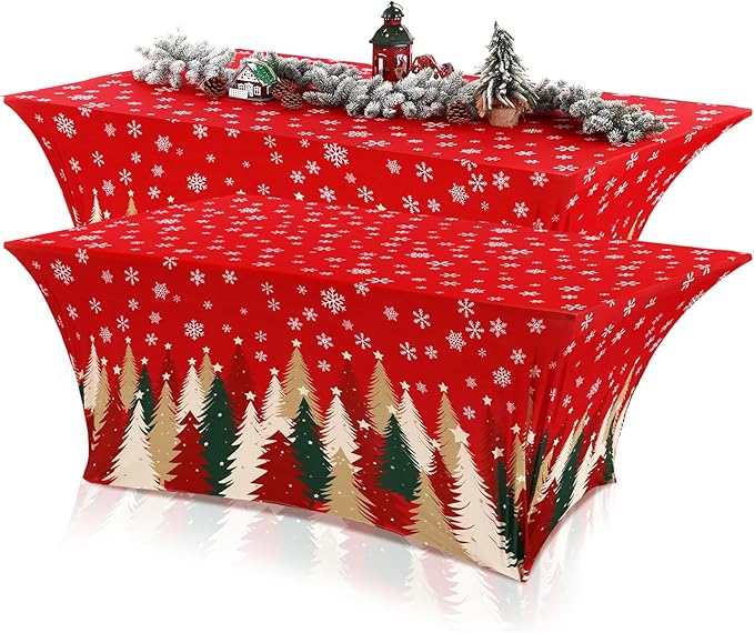 Oudain 2 Pcs Christmas Stretch Table Cover 6 Feet Red Green and Gold Xmas Spandex Table Clothes Christmas Trees Snowflake Party Decorations for Holiday Party Celebration Picnic Dinner Decor