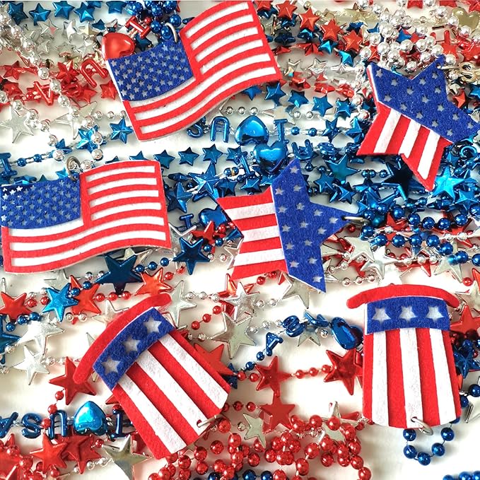 200 Pcs 4th of July Beads Necklaces Bulk, Red Blue Silver Patriotic Beaded Necklaces Parade Necklaces For Independence Day, 4th of July Decoration, Veteran Day Decoration