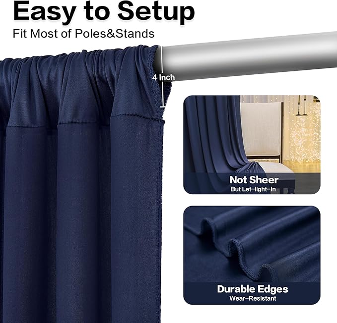 30ft x 15ft Navy Blue Wrinkle Free Backdrop Curtains for Parties,Silky Polyester Fabric Wedding Ceiling Drapes, 6 Panels 15ft Photo Back Drop Drapes for Baby Shower Photography Stage Background Cloth