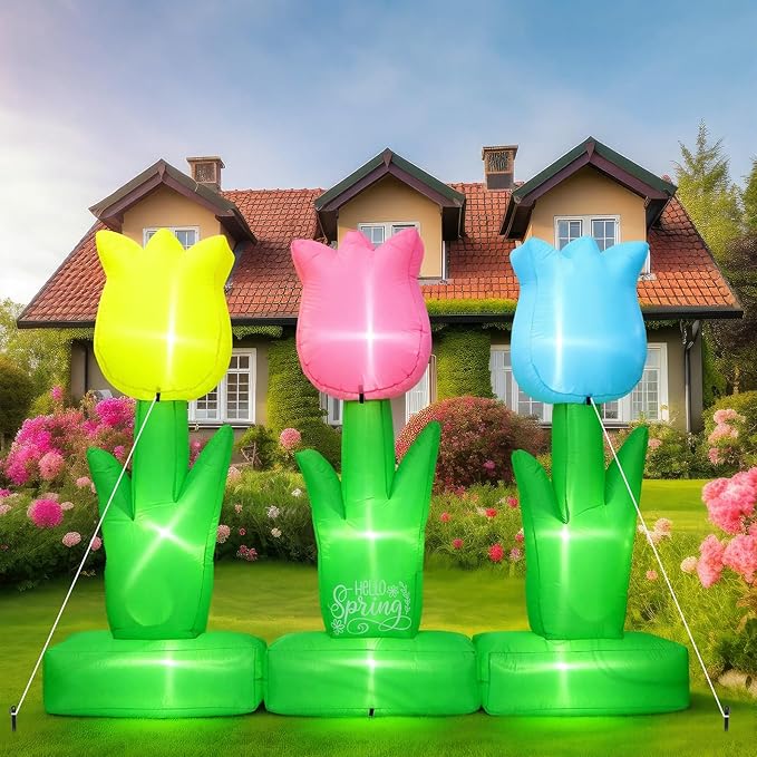 VIHOSE 6 ft Spring Inflatable Flower Decoration LED Blow up Yard Decor Large Inflatable Tulip Flower Outdoor Decoration for Spring Holiday Outside Lawn Party Supplies