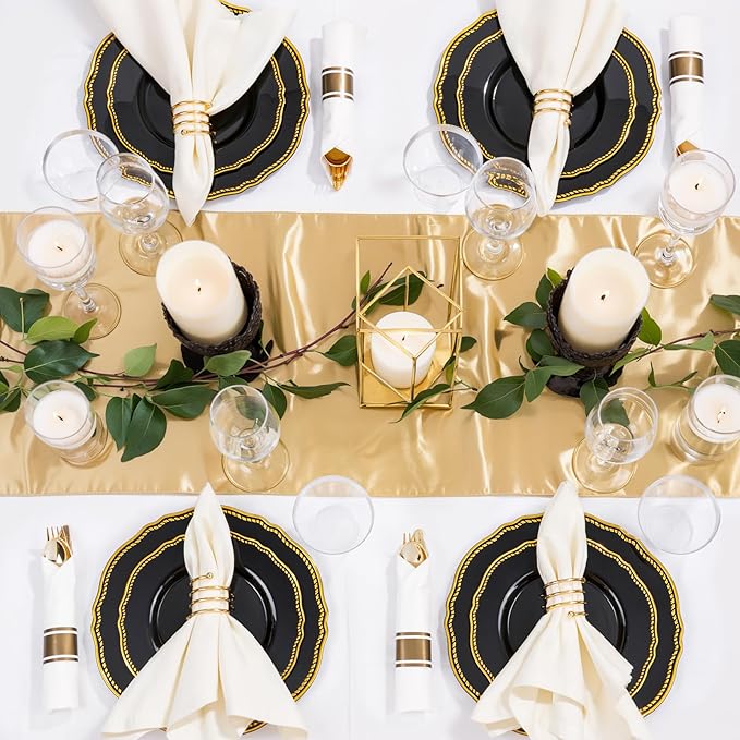 Hioasis 350pcs Black and gold Plastic Plates - Gold Plastic Dinnerware Set Includes 50 Dinner Plates, 50 Dessert Dinnerware, 50 Cups, 50 Rolled Napkin Cutlery Perfect for Wedding & Party