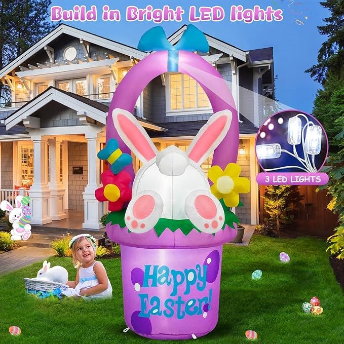 MICOCAH 6 FT Easter Inflatables Outdoor Decorations, Inflatable Easter Bunny Hidden in Flowers Basket Built-in LED Lights Cute Blow Up Yard Decoration for Spring Holiday Party Lawn Garden Decor