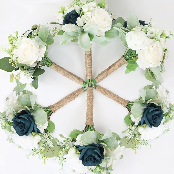 Wedding Bridesmaids Bouquets Set of 6-7 Inch Artificial Flowers Bouquets for Bridesmaids Pre-Made Faux Small Floral Bouquets Bridal Shower, Wedding, Ceremony, Anniversary - White & Teal Blue