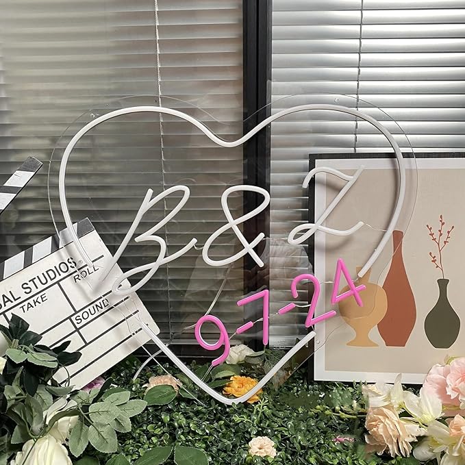 Custom Initials Name With Date Neon Sign Wedding Heart LED Neon Light Customizable Wedding Engagement Party Backdrop Wall Decor Personalized Gifts