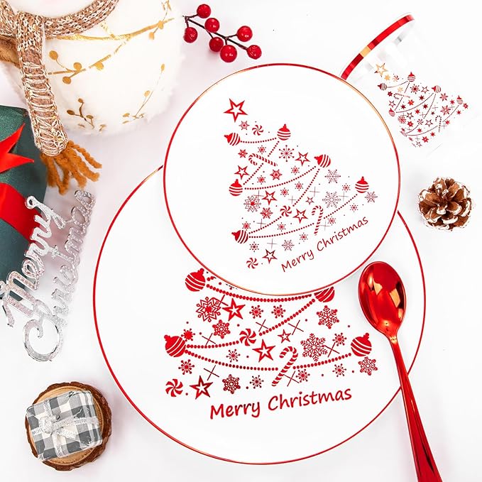 Supernal 150pcs Christmas Plastic Dinnerware Include Red Plastic Plates, Disposalbe Cups,Christmas Party Supplies,Red Plastic Silverware for Christmas Party and New Year