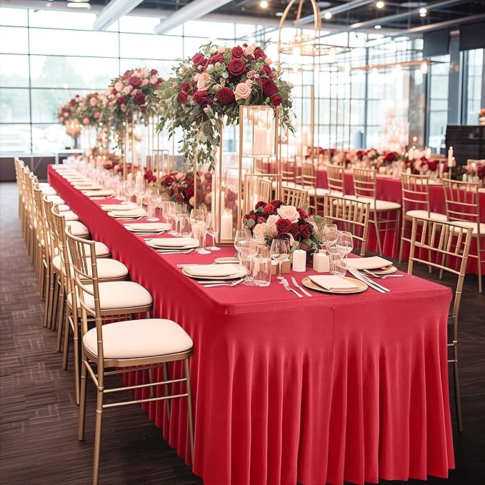 2 Packs Red Table Clothes for 4 Foot Rectangle Tables, Wrinkle Resistant Stretch Spandex Table Covers Fitted Tablecloth with Skirt for Valentines Wedding Birthday Party Event Banquet