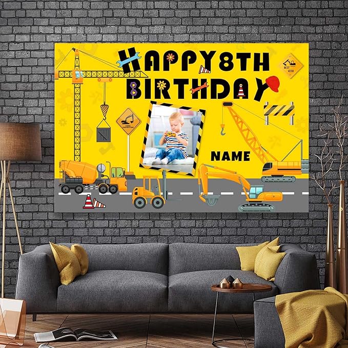 Custom Construction Happy Birthday Party Decorations Supplies Personalized Excavator Crane Dump Truck Digger Birthday Backdrop Banner(6x9ft)
