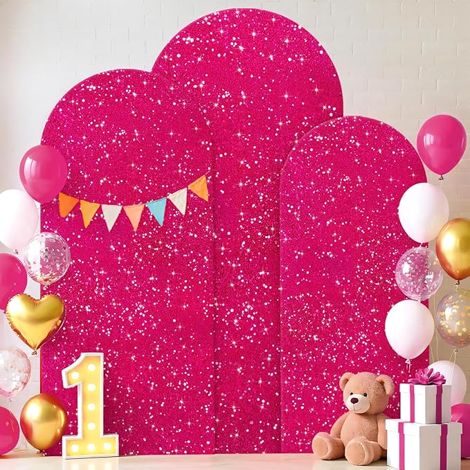 FUHSY Arch Backdrop Cover Set of 3 Hot Pink Arch Covers Stretchy Backdrop 7.2FT, 6.6FT, 6FT Balloon Chiara Backdrops Arched Cover Spandex Sequin Fabric for Birthday Party Baby Shower Ceremony Decor