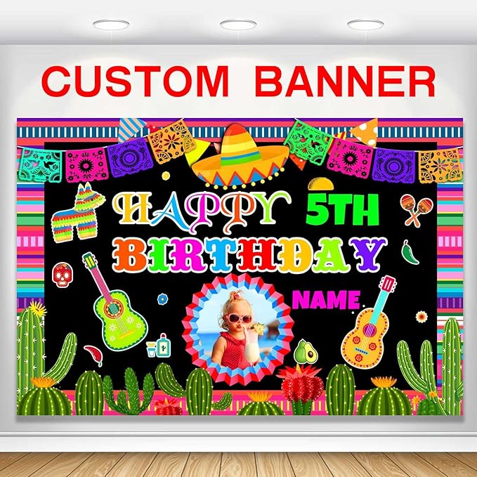 Custom Space Mexican Fiesta Carnival Happy Birthday Party Decorations Supplies Personalized Mexican Fiesta Carnival Birthday Backdrop Banner(5x7.5ft)