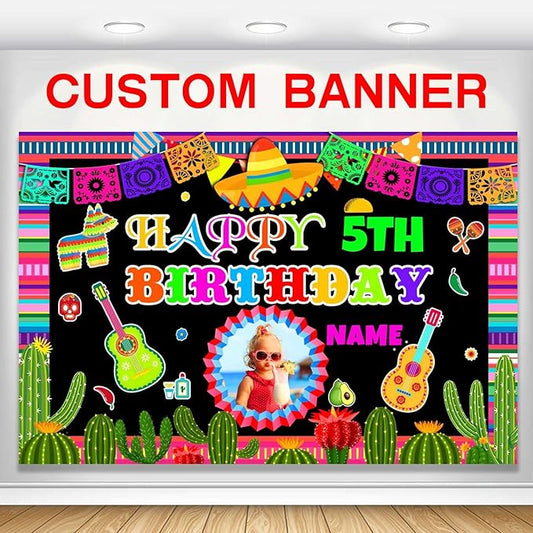 Custom Space Mexican Fiesta Carnival Happy Birthday Party Decorations Supplies Personalized Mexican Fiesta Carnival Birthday Backdrop Banner(5x7.5ft)