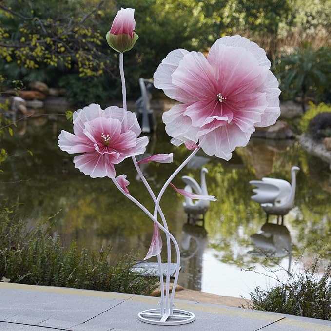 Giant Artificial Flower Decor,Oversized Gradient Organza Flower with Bendable Stem,DIY Shape Fake Flower Sculpture with Heavy Base for Wedding,Event,Party & Photo Backdrop,Store Display (red)