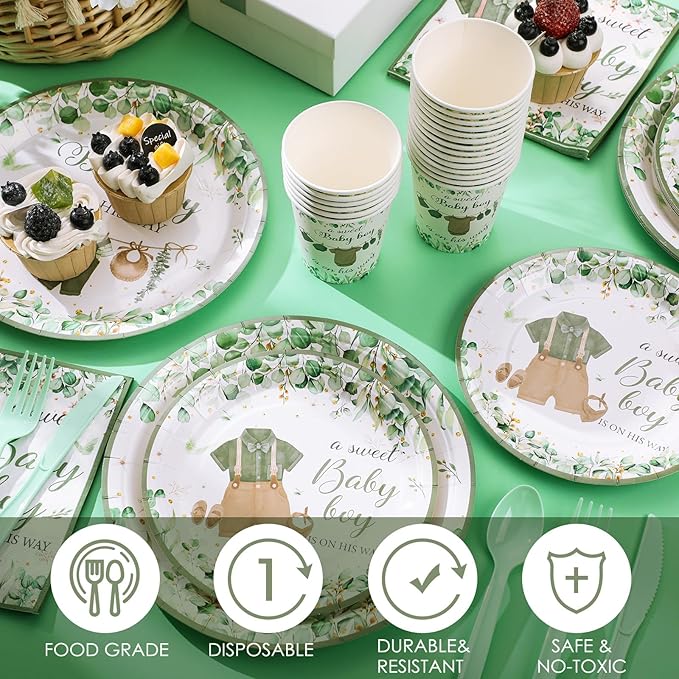 Dandat 350 Pcs Baby Shower Plates Set Baby Shower Party Supplies Serves 50 Tableware Sets Include Plates Napkin Cup Forks Knives Spoons Disposable Dinnerware (Boho,Green)