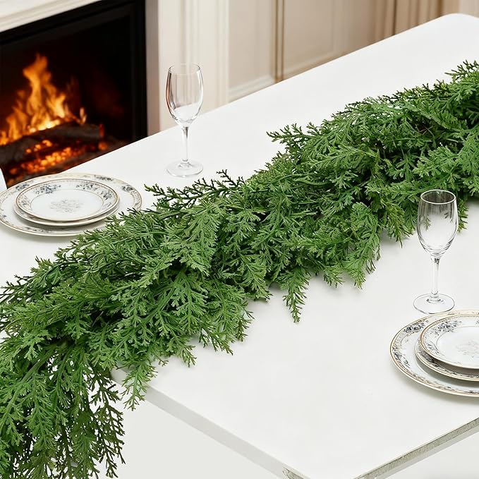 Cedar Christmas Garland for Mantle - Decorations with Lights 9 ft Realistic Lighted Faux Pine Garlands for Xmas Stairs Railing Fireplace Prelit Home Decoration Indoor Outdoor 9ft Garland Door Decor