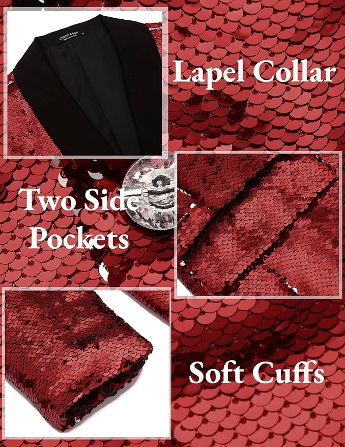 COOFANDY Mens Shiny Sequin Blazer Tuxedo Party Dinner Prom One Button Suit Jacket