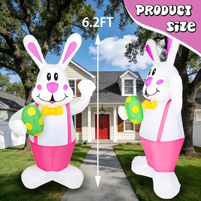 Dearsun 6.2FT Easter Inflatables Bunny Outdoor Decorations Easter Bunny Blow up Yard Decorations with LED Lights for Holiday Party Indoor Outdoor Décor