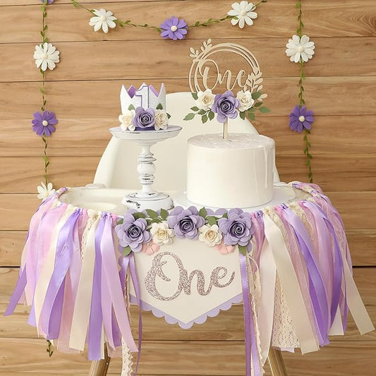 JUIIZAY First Birthday Decorations For Girl Purple High Chair Banner One Flower Cake Topper Floral Hat Wildflower Garland 1st Birthday Decoration Supplies