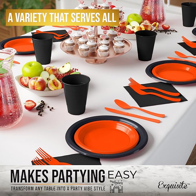 350 Pcs Orange & Black Plastic Plates For Party, Orange & Black Disposable Plates Set, 50 Of Each 9" Dinner Plate Set, 7" Dessert Plate, Cups, Napkins & Cutlery Plastic Dinnerware Exquisite