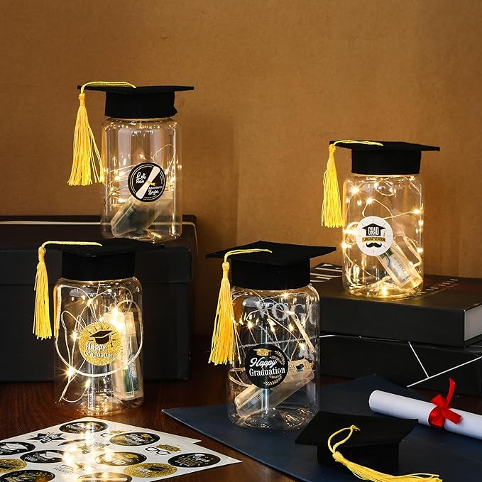 Boao 16 Sets Graduation Table Decoration Set with LED Light up Graduation Decorations for Class of 2026, Grad Jar, Felt Grad Hat and Stickers for High School College(Black)