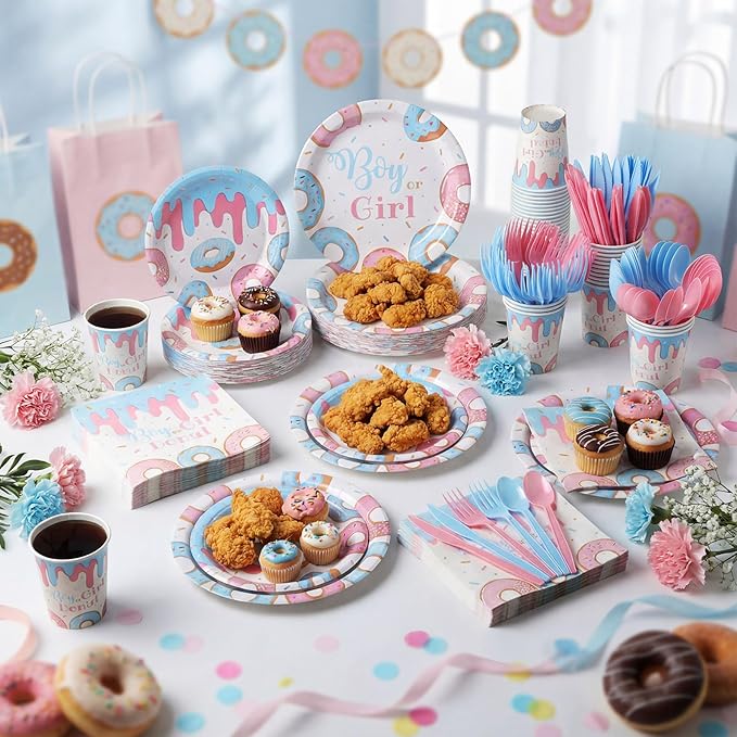Pickmesh 400 Pcs Donut Themed Gender Reveal Party Supplies Include Boy or Girl Disposable Paper Plates Napkins Cups Cutlery for Blue Pink Gender Reveal Baby Shower Table Decorations Serve 50