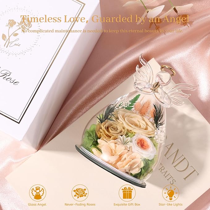 Gifts for Women Valentines Day Flowers for Delivery Birthday Gifts for Mom Grandma Preserved Rose Forever Flower in Glass Angel Figurines Bouquet Anniversary for Wife Sister Mother Friends