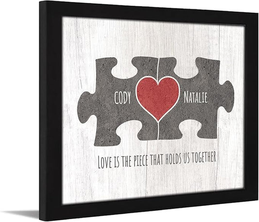 Personal-Prints LOVE PUZZLE - GRAY | Personalized Romantic Canvas Art Gift with Your Names | Custom for Valentine’s Day or Wedding Anniversary (11"x14" Framed Paper Print)