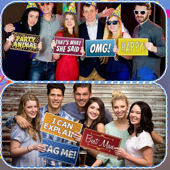 64 Designs Photo Booth Props Double Sided 11x5.5 Inch Holiday Photo Booth Props for Office Friend Christmas All Scene Birthday Party Supplies DIY Waterproof PVC Selfie Signs for Gathering