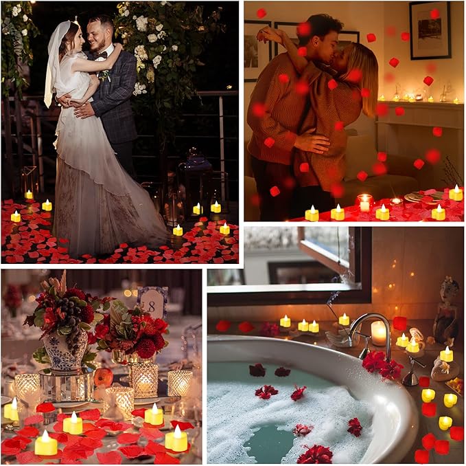 Coume 6000 Pcs Artificial Rose Petals with 120 Pcs Heart LED Tea Lights Candles Kit Valentines Rose Petals Candles Set for Romantic Night Anniversary Proposal Wedding Date Hotel(Warm White Light)