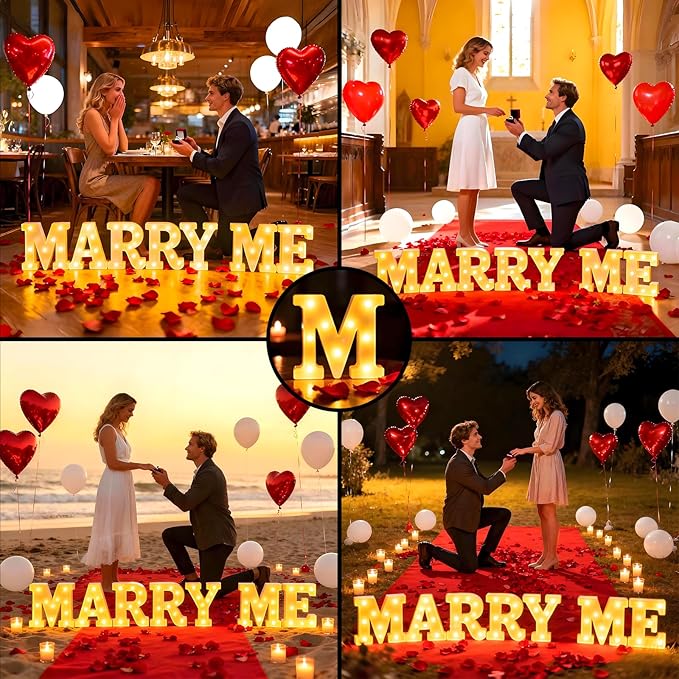 Marry Me Light Up Letters, with 30 Tea Lights Candles, Rose Petals, Aluminum Balloons, Balloons, Red Carpet, Rose Ring Box, Double Sided Tape, Valentine's Day Proposal Engagement Wedding Decorations