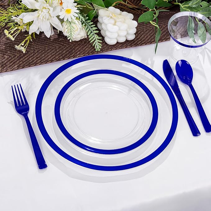 I00000 350 Pcs Dark Blue Plastic Plates,Clear Disposable Plates for 50 Guests,Blue Dinnerware Include 50 Dinner Plate 50 Dessert Plate,50 Cups,50 Pre Rolled Napkins with Cutlery Set for Party,Wedding