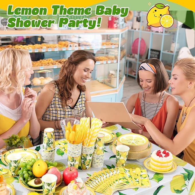452 Pcs Lemon Party Decorations, Yellow Lemons Paper Plates Napkins Cups Tablecloth Cutlery Straws for Summer Fruit Theme Birthday Wedding Baby Shower Party Supplies, Serves 50