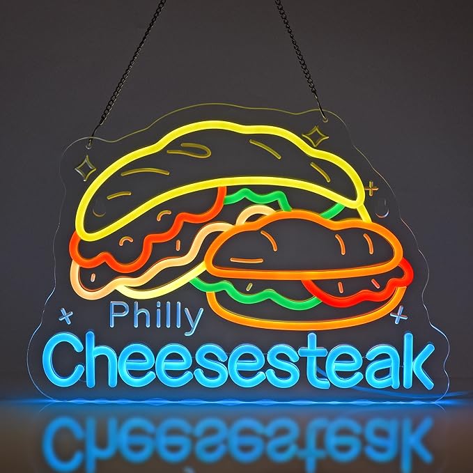 Pilly Cheesesteak Neon Sign, Neon Lights Hanging Wall Art Decoration for Restaurant Shop Deli Food Market Kitchen Home Decor, USB Powered, Ultra Bright & Dimmable, 15.75×11.4 Inches