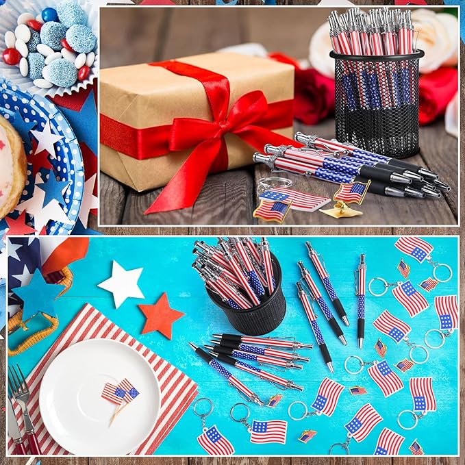 Qilery 400 Pcs American Flag Lapel Pins Ballpoint Pen Patriotic Flag Keychains Thank You Card Organza Gift Bag for Home Office Party Supplies