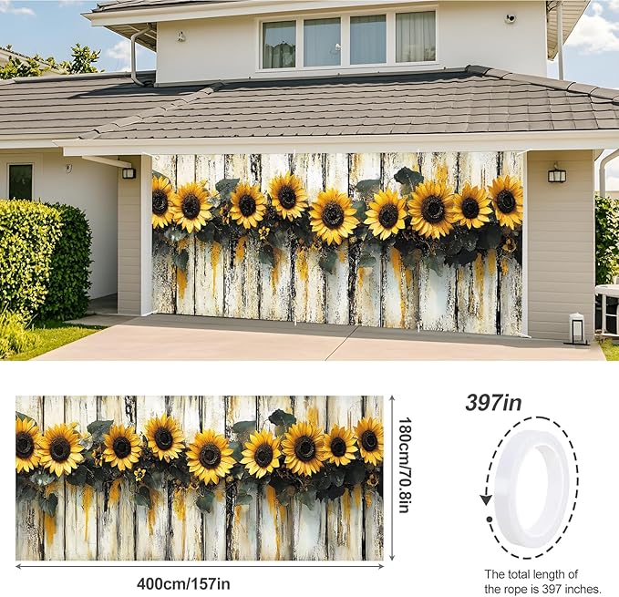 ANNA QUEEN Sunflower Garland Garage Door Banner 6 x 13FT, Rustic Sunflowers with Wooden Fence, Outdoor Spring and Summer Decoration for Garden Parties Home Decor