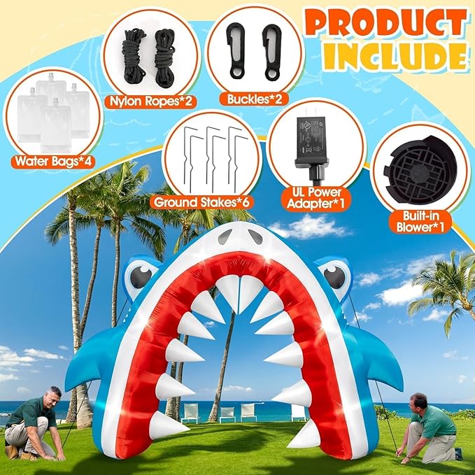 Eyourlife 12×8 FT Shark Summer Inflatable Arch, Giant Outdoor Blow Up Yard Decoration with Built-in 6 LED Lights for Pool Stage Event Birthday Party Ocean Theme Luau Beach Party Take Photos