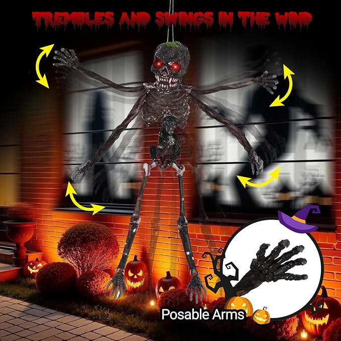 BECOMFORT 6 FT Hanging Animatronic Halloween Decoration, Sound-Activated Hanging Zombie with Shaking Body, Glowing Eyes, Creepy Sounds & Posable Arms, Animated Halloween Props for Indoor & Outdoor