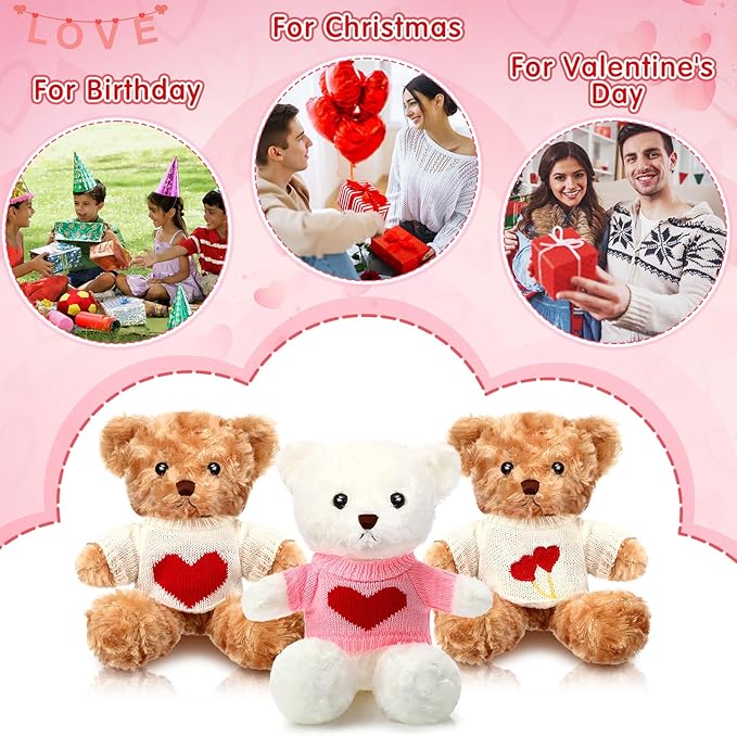 Hungdao 8 Pcs Valentines Bears Bulk 9.84 Inch Valentines Stuffed Animals Bulk Small Cute Plush Bears with Heart Clothes Valentine Gifts for Girlfriend Mother's Day Wedding Birthday Party(Sweet Style)