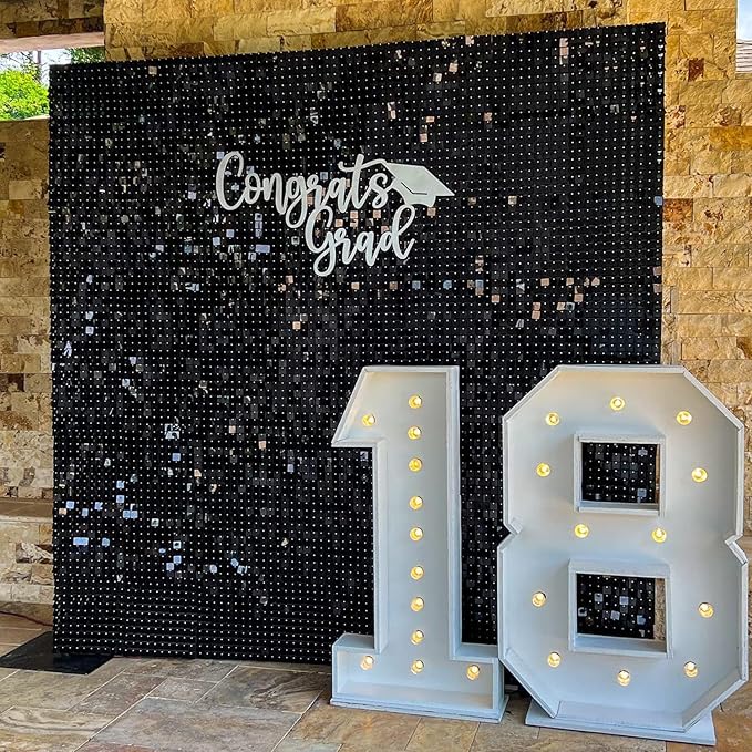 COKAOBE Black Shimmer Wall Backdrop, 24PCS Square Sequin Shimmer Backdrop Panel, Photo Backdrops for Birthday, Anniversary, Wedding, Graduation & Bachelorette Party Decoration