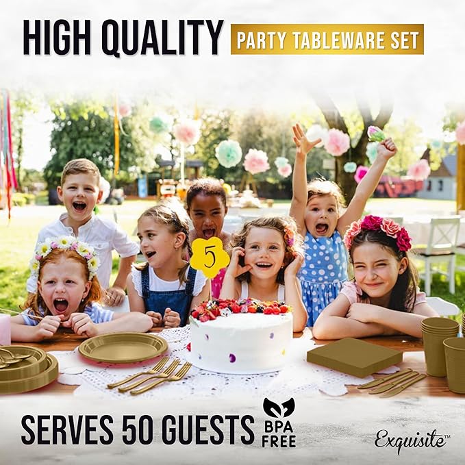350 Pcs Gold Plastic Plates For Party, Gold Disposable Plates Set, 50 Of Each 9" Dinner Plate Set, 7" Dessert Plate, Cups, Napkins & Cutlery Plastic Dinnerware Exquisite