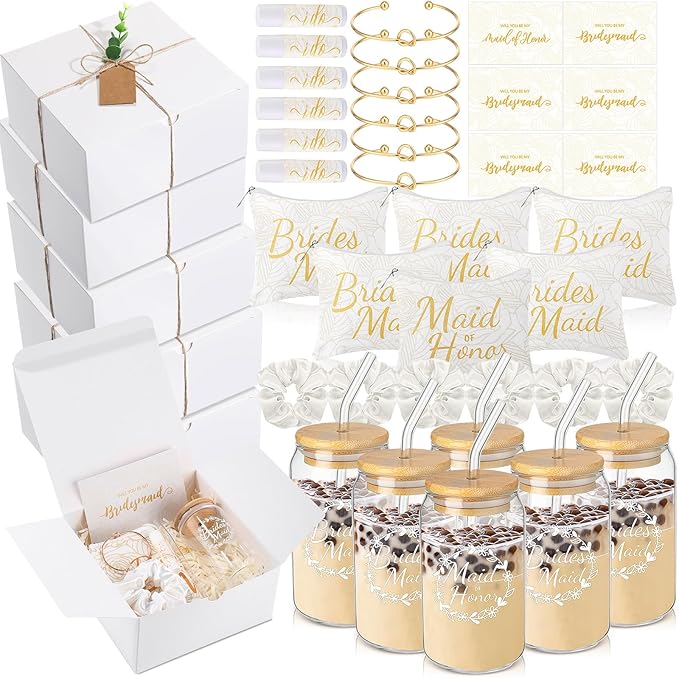 54 Pcs Bridesmaid Proposal Gifts, Maid of Honor Gift Include Wedding Gift Box Makeup Bag Invited Card Glass Cup Lip Balm Scrunchie Bracelet for Bridal Shower Bachelorette Party(White)