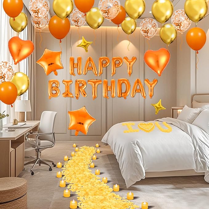 Orange Birthday Balloons Decorations Orange Happy Birthday Balloon Letters Banner with 6 Pcs Star Balloons Artificial Rose Petal 24 Flameless LED Candles for Room Hotel Party Decorations Supplies