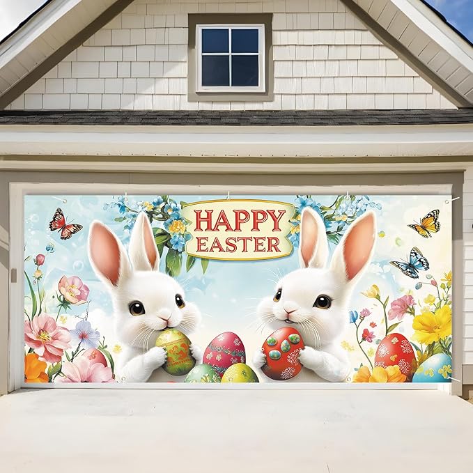 Happy Easter Garage Door Banner 7x16FT, Cute Bunny & Easter Eggs Garage Door Cover, Outdoor Spring Holiday Decoration for Garage, Front Yard, and Parties