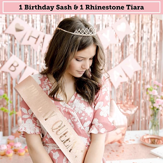 225 PC Rose Gold Birthday Party Decorations Kit for Girls, Teens, Women - Happy Birthday Banner, Curtains, Table Runner, Balloons, Sash, Tiara, Cake Topper, Plates, Cups, Napkins, Straws for 25 Guests