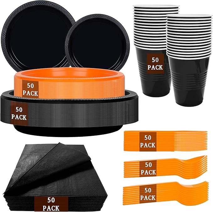 MirthMood 350PCS black and orange Plastic Plates,Black Disposable Plates –Plastic Plates Set Includes 50 Dinner,50 Dessert Plate,50 Cup&50 Napkins, 50 orange Silverware for Parties&Thanksgiving