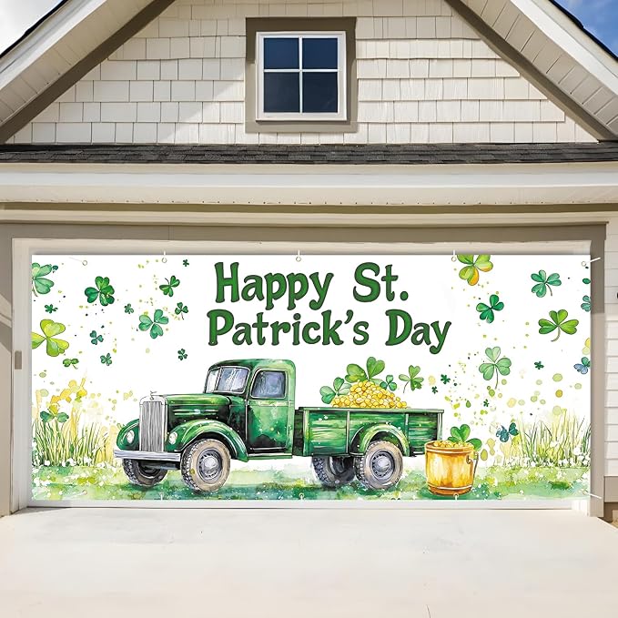 St. Patrick’s Day Garage Door Banner 7x16FT, Green Truck & Shamrocks Garage Door Cover, Festive Outdoor Decoration for St. Patrick’s Day Parties and Yard