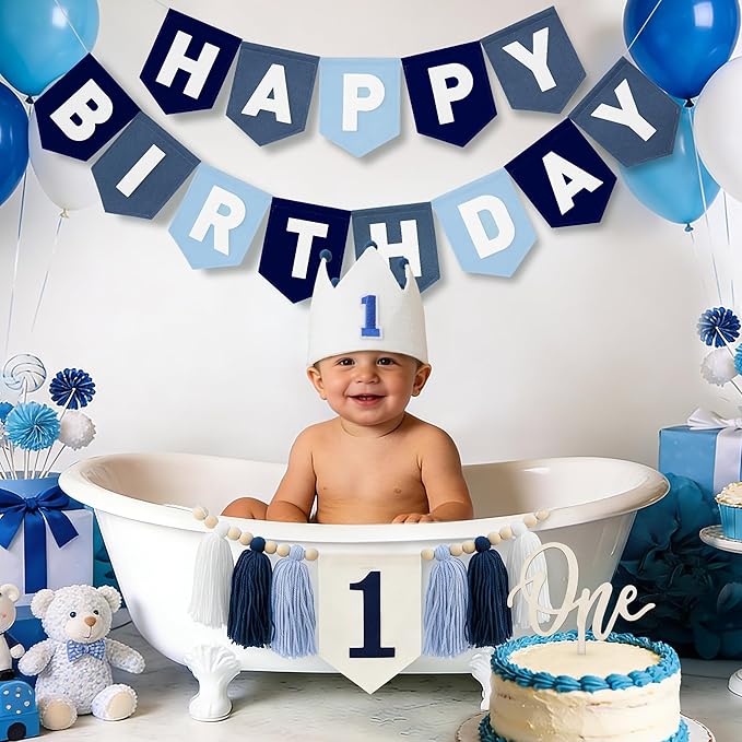 Felt Navy Blue Happy Birthday High Chair Banner Pre-Strung Birthday Hanging Decoration For Baby Boy 1st Birthday Party Decorations