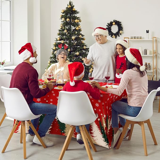 Oudain 2 Pcs Christmas Stretch Table Cover 6 Feet Red Green and Gold Xmas Spandex Table Clothes Christmas Trees Snowflake Party Decorations for Holiday Party Celebration Picnic Dinner Decor