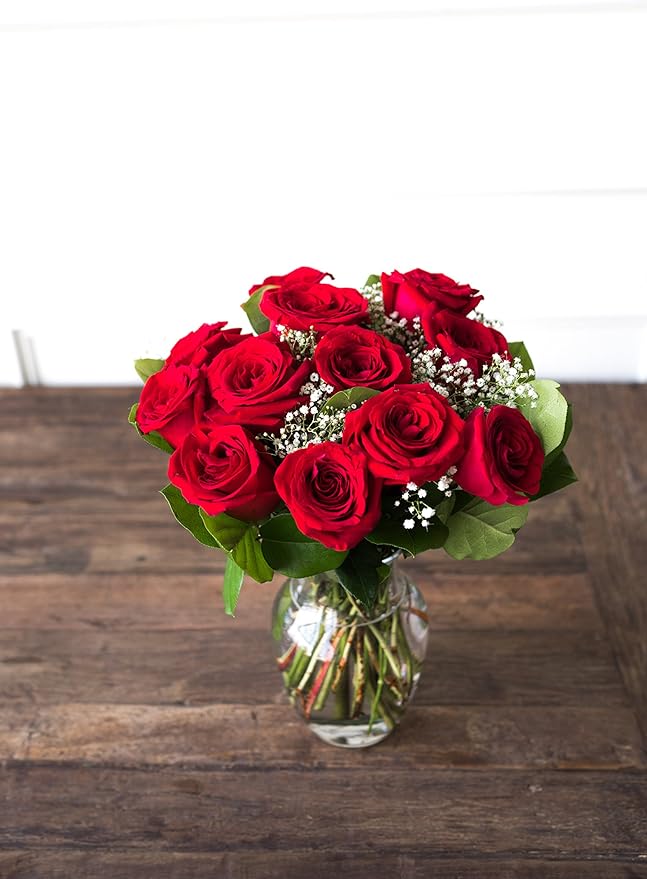 From You Flowers - One Dozen Red Roses + Heart Balloon + Chocolate with Glass Vase | Fresh Flower Bouquets for Birthday, Anniversary, Get Well or Celebration