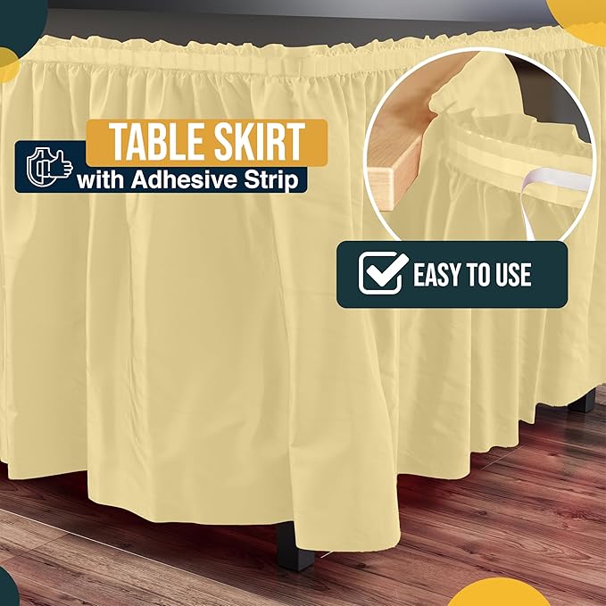 Exquisite Ruffle Table Skirt Light Yellow 12 Pack 14 Ft Long Table Skirts for Rectangle Tables 6ft Plus or Round Tables Skirts with Adhesive Strip for Gender Reveal Decor & Happy Birthday Parties