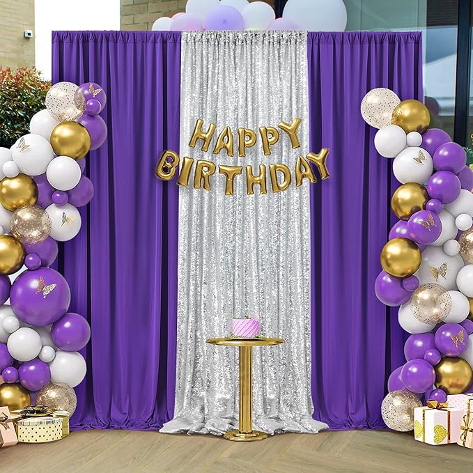 20ft×10ft Wrinkle Free Dark Purple Backdrop Curtain for Party, 4 Panels 5ft×10ft Soft Silky Polyester Purple Photo Backdrop Drapes for Birthday Baby Shower Wedding Photography