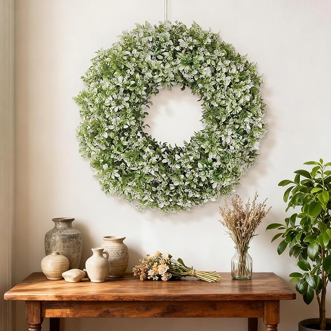 26" Artificial Boxwood Wreath for Front Door - Large Faux Aglaia Odorata Wreath, Fake Eucalyptus Leaves Plants for Wall Window Farmhouse Outdoor Decor - Spring, Summer, All Seasons (White-Green)